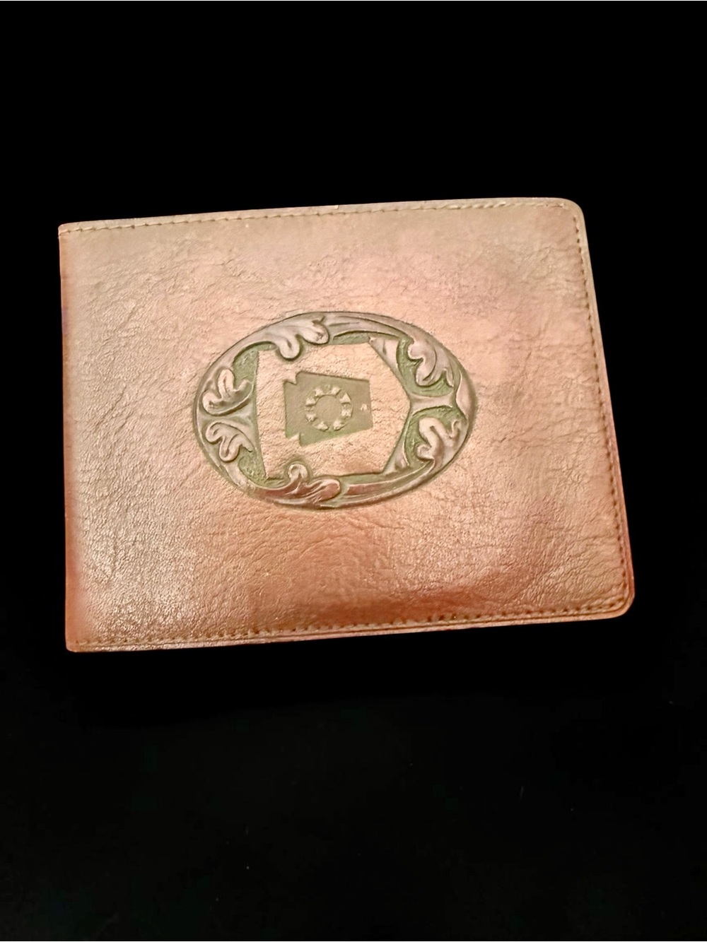 Vintage Handcrafted Brown Leather Bi-Fold Wallet Tooled Western Shield Design